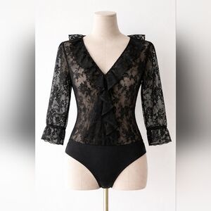 Black Lace Ruffle V-Neck Bodysuit - Women Tops